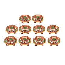 Puja Chowki Marble Painted with Peacock Design-Set Of 10 Pieces - £50.84 GBP