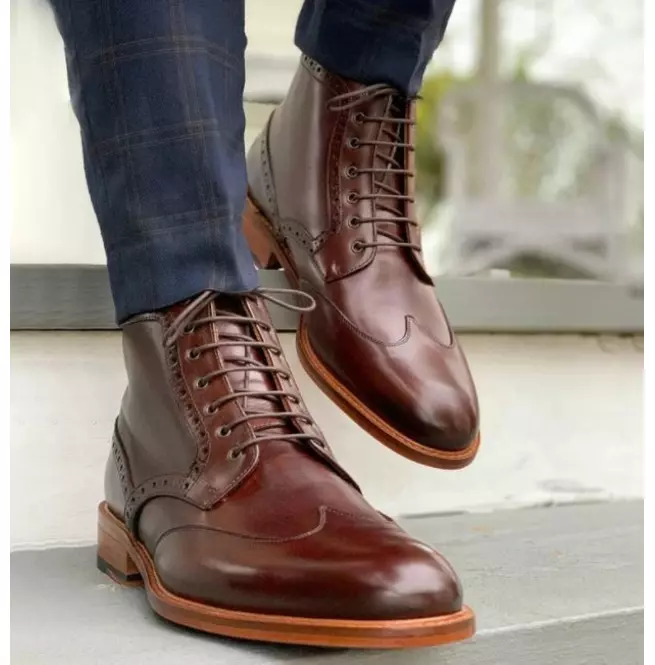 New Mens Leather Handmade Brown Wing Tip Brogue Formal Lace Up Dress Boots - $199.99