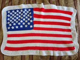 Handmade Crocheted American Flag throw / lap blanket 28&quot; x 39&quot; VG condition - £23.16 GBP