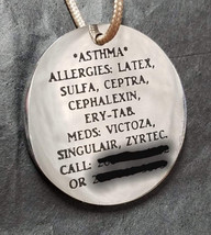 Medical Alert Allergies Medications Contact Necklace Pendant Personalized Both S - £31.46 GBP