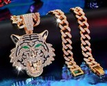 Iced CZ Bling 14K Gold Plated Tiger Head Pendant 12mm 20&quot; Cuban Chain Ne... - $24.74