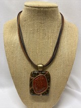 Chico&#39;s Necklace Rust Gold Green Brown Yellow Leather Stone Composite 16” - 20” - £11.94 GBP