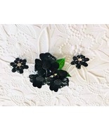 Beautiful Vintage Black Enamel 3 Flower Brooch with Earrings! - $19.75