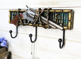 Western Revolver Pistol Barbed Wires Bullet Shells 3-Peg Wall Hooks Plaque - £25.47 GBP