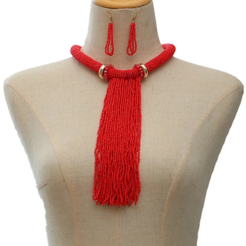 Necklace set woman 2 pieces long necklace red tassel beads jewelry sets for womens boho thumb200