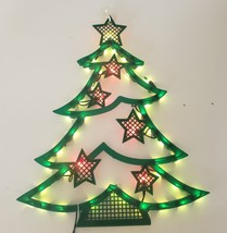 Lighted Christmas Tree for Window/Wall w Red Stars 18&quot; X 14&quot; - £16.04 GBP
