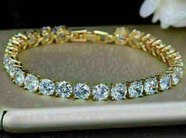 Simulated 925 Silver Gold Plated 10.00 CT Round Cut Diamond Tennis Bracelet - £155.54 GBP