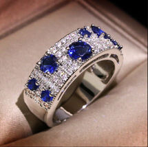 3.10 Ct Round Cut Simulated Blue Sapphire Ring 925 Silver Gold Plated - £93.95 GBP
