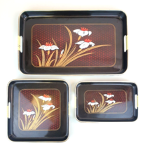 Vintage Japanese Lacquer 3 Piece Nesting Serving Tray Set Flowers Made in Japan - £60.28 GBP
