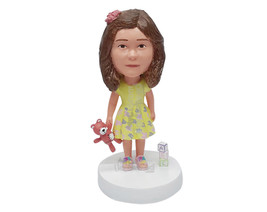 Custom Bobblehead Little Girl playing with her teddy bear and blocks wearing a g - £71.05 GBP