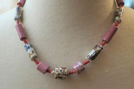 Vintage Beaded Necklace with Patterned Beads Pasley Flowers Pink Stone S... - $9.99