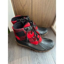 Sperry Buffalo Plaid Duck Boots Red Black Waterproof Winter Ankle Boots - $45.00