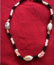 Elegant Necklace of Angel Skin Coral, Black Onyx and Freshwater Pearls - £39.68 GBP