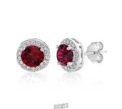 Crystal Round Halo Stud Earrings Garnet Rhodium-Plated Sterling Silver Faceted - £14.93 GBP