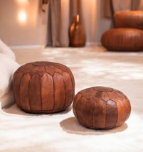 Premium Moroccan Round Leather Pouf,Handmade Leather Ottoman Footstool P... - $105.07 CAD