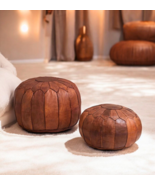 Premium Moroccan Round Leather Pouf,Handmade Leather Ottoman Footstool P... - $105.07 CAD