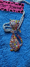 New Betsey Johnson Necklace Brooch Cat Multi Color Rhinestones Pretty Shiny Deco - £12.08 GBP