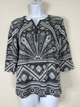 Rebecca Malone Womens Size PM Gray Floral Stripe Henley Shirt 3/4 Sleeve - $9.15