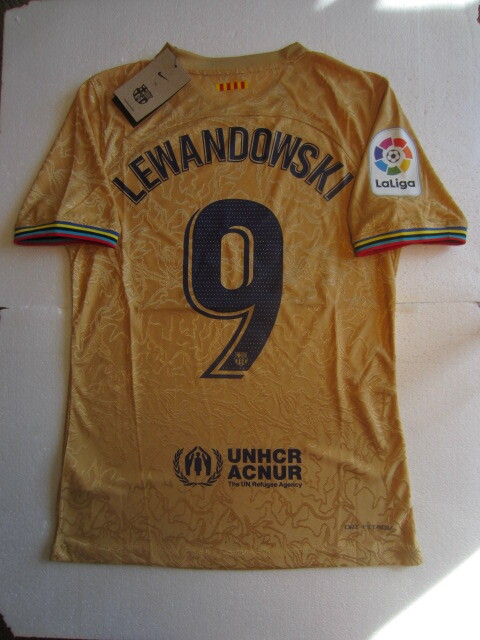 Robert Lewandowski Barcelona La Liga Match Gold Away Soccer Jersey 2022 ...