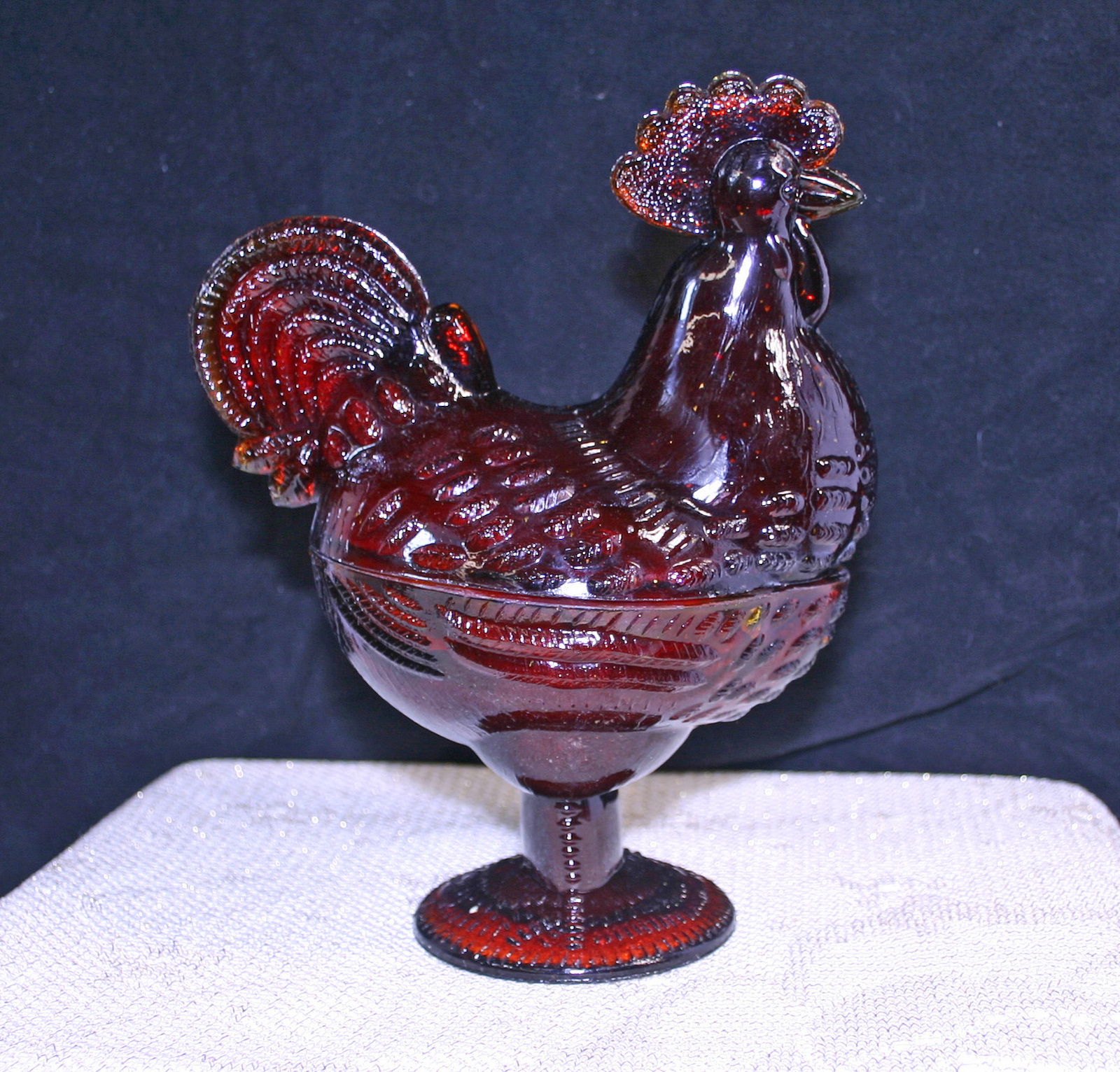 Amberine Red Gold Glass Red Rooster Footed Candy Dish, Vintage Gold Glass Proces - $57.95