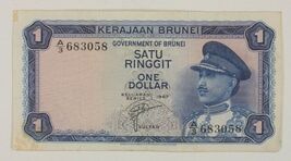 1967 Brunei 1 Ringgit (Dollaro) Nota Molto Sottile + (Ottime Condizioni - €67,10 EUR