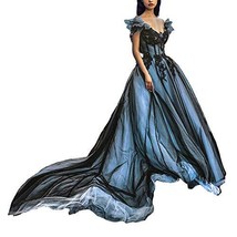 Off The Shoulder Long Gothic Tulle Black V Neck Evening Prom Dresses Sky Blue 6 - £134.10 GBP