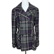 Moda International Coat Women M Purple Gray Plaid Wool Blend Double Brea... - $39.98