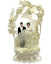 Vintage 1940&#39;s Wedding Cake Topper Bride Groom Marriage Bell Fabric Flower Arch - £116.89 GBP