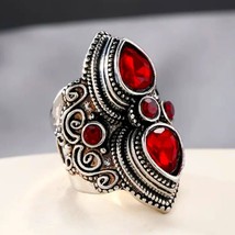 Silver Bohemian Vintage Style Ring With Red Oval Lab Stone Exaggerated S... - $27.44
