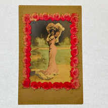 Vintage Antique Victorian Lady With Large Hat and Border of Roses Postcard  - £11.51 GBP