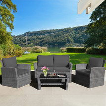 4Pcs Patio Rattan Conversation Set Outdoor Furniture Set W/ Grey Cushions - £565.57 GBP