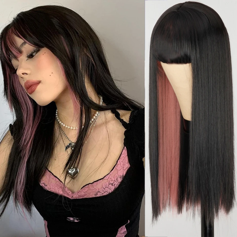 Synthetic Hair Pink and Black Wig Two layers of Wigs Long Straight hair Cospl - £22.89 GBP+