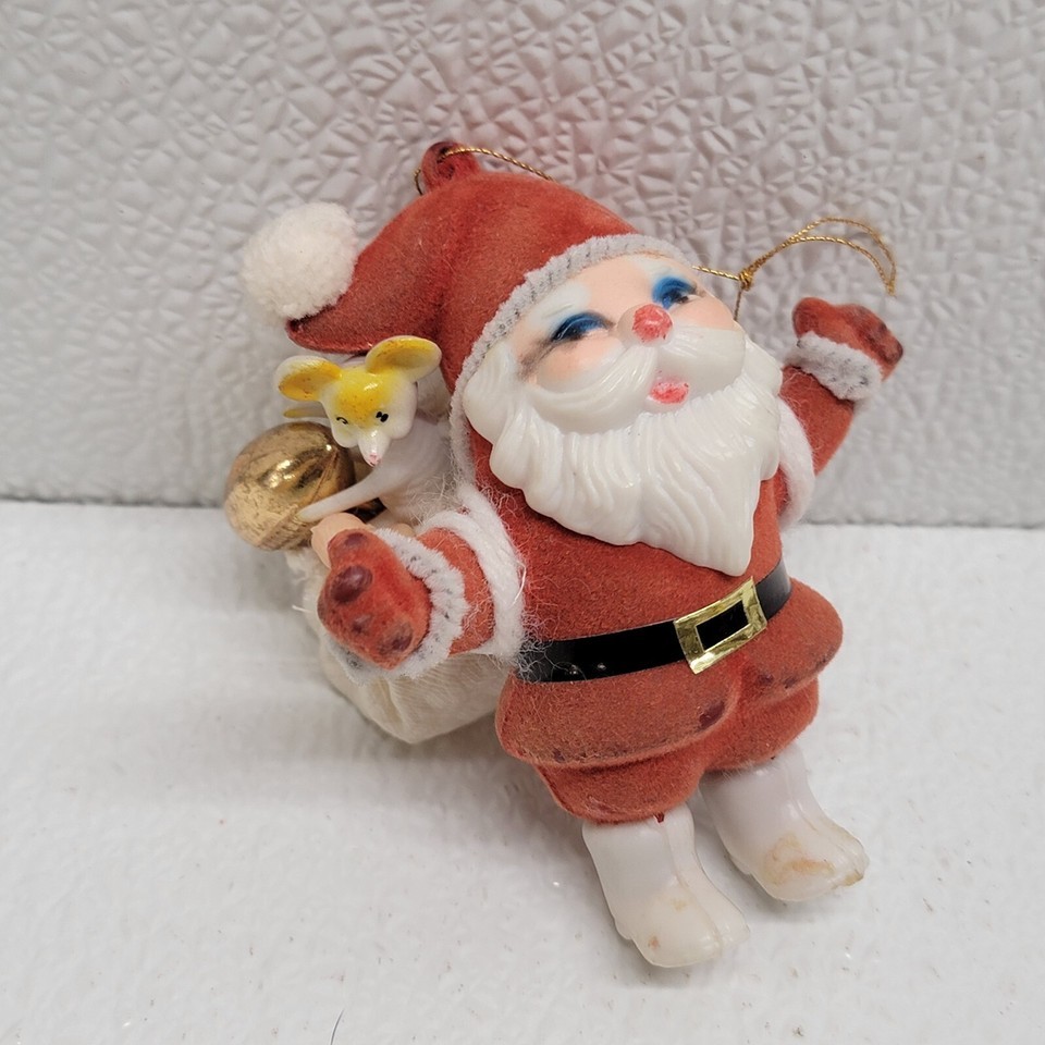 Vintage Christmas Flocked Santa Claus With Toy Sack Ornament 3.5&quot; - $29.60