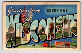 Greetings From Green Bay Wisconsin Large Letter City Postcard Curt Teich 1944 - £30.16 GBP