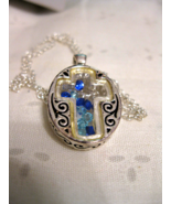 Avon silver tone cross shaky blue stone necklace pendant with 18&quot; chain.... - $9.97