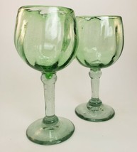 Recycled Hand Blown Art Glass Goblet Lot 2 Wine Water Green Bubble Artisan - £29.36 GBP