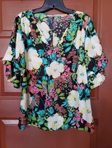 Valerie Stevens Black Floral Bell Sleeve Blouse Size Small - $15.84