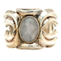 Vintage Signed Sterling Mexico Oval Grey Moonstone Repousse Cuff Bracelet 6 1/2 - £217.12 GBP