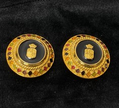 Vintage Liz Claiborne Gold Tone Harlequin Earrings Round Clip-Ons Designer 1.5&quot; - £13.38 GBP