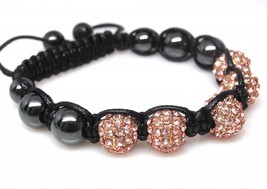 Pave Golden Champagne Crystal Beaded Hematite Disco Ball Bracelet Adjustable - £12.66 GBP