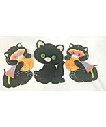 Vintage Halloween Flocked Die Cut Cats Decorations Black Pumpkin 3D Eyes... - $35.59 CAD