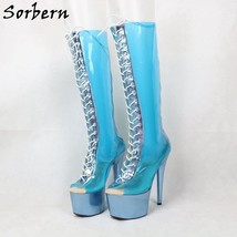Sky Blue Lace Up Boots Women Pvc Transparent Thick Heels Exotic Dancer Size 10 S - £166.57 GBP