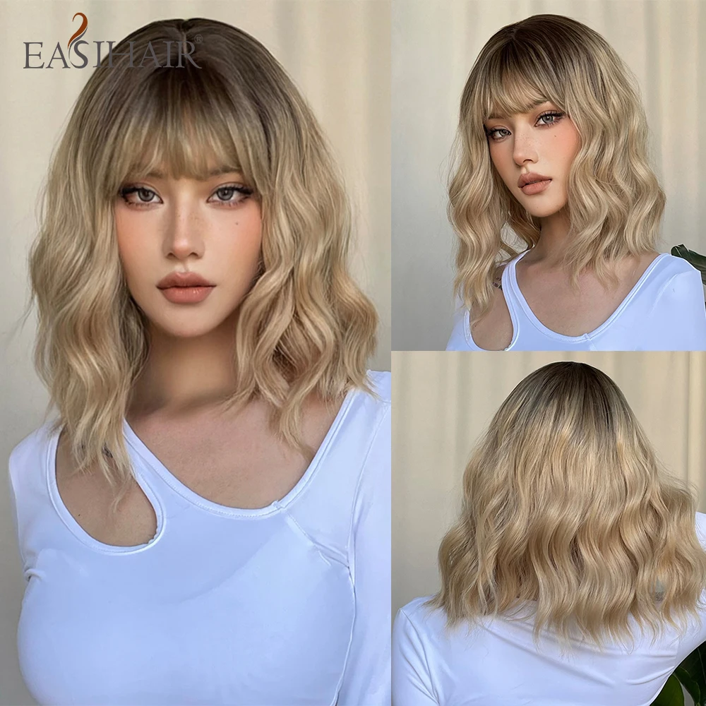 Rt wavy bob synthetic wigs brown to blonde ombre hair wigs for women with bangs cosplay thumb200