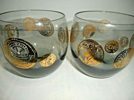 Federal Glass Gold Coin Barware MCM Roly Poly Glasses Set of 2 Smokey Color - $19.99