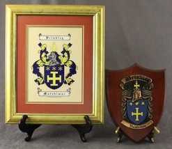 Vintage 2PC Framed Art Lot Genealogy Brinkley Family Crest Motto Mutabimur - £21.24 GBP