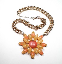 Floral Pendant Necklace Pink Orange Gold Tone Chain EUC - £6.99 GBP