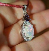 2.50Ct Oval Cut Opal &amp; Amethyst Halo Pendant 14K White Gold Finish Free Chain - £80.00 GBP