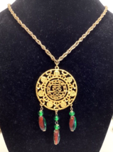 Asian Theme Vintage Pendant Medallion 24” Chained Necklace Beads Goldtone - £19.06 GBP