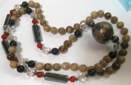 Vintage River Stone, Hematite, Carnelian, Black Onyx, Glass Bead Necklac... - $33.41