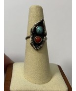 Vintage Modernist Brutalist Old Pawn Sterling Turqouise Coral Ring 6.25 - £28.46 GBP